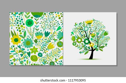 Greeting card with floral tree, spring colors. Sketch for your design