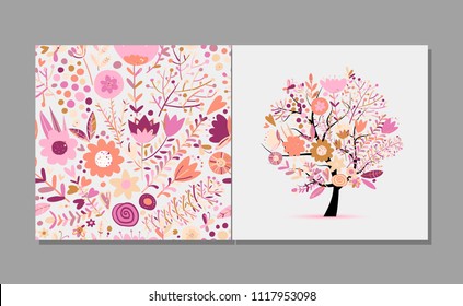 Greeting card with floral tree, spring colors. Sketch for your design