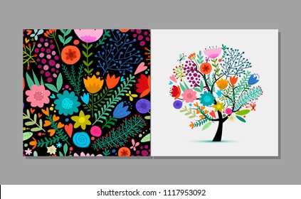 Greeting card with floral tree, summer colors. Sketch for your design