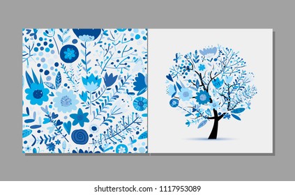Greeting card with floral tree, winter colors. Sketch for your design