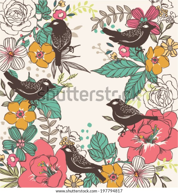 「Greeting Card Flower Bird」のベクター画像素材（ロイヤリティフリー） 197794817