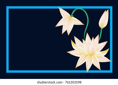Greeting card flower lotus white, isolated on blue background vector illustration