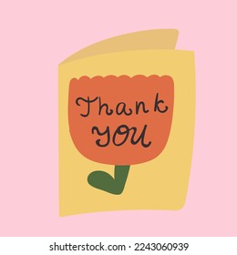 Greeting card. Flower with phrase - Thank you. Vector illustration on pink background.