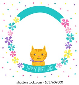 Greeting card with flower wreath and cute cat.Vector illustration on white background for wedding, birthday and other design. Hand drawn lettering HAPPY BIRTHDAY