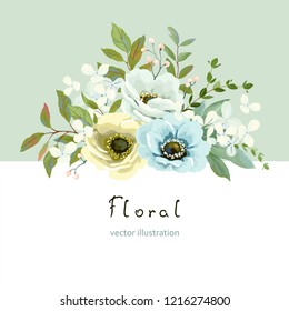 Greeting card with flowers Anemones, leaves, berries and branches, vector floral illustration in vintage style on white background. Wedding poster, invite template for your text, botanical design.