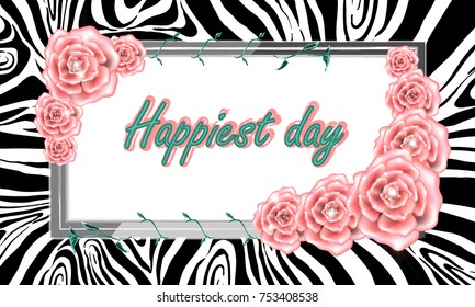 Greeting card with flowers. Background of zebra