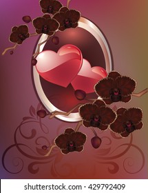Greeting card with flowers. Beautiful realistic dark red velvet orchids with big hearts and floral ornament with floral swirls in the background. Card Mother's Day, Valentine's Day.