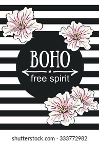 Greeting card flowers - Boho "free spirit". Vector hand painting illustration with flowers.