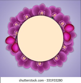 Greeting card with flowers and buds purple Orchid in a circle.