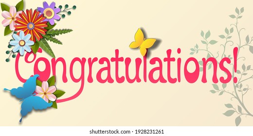 Greeting card with flowers and butterflies in cut paper style.