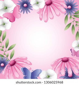 Greeting card with flowers and butterflies, vector illustration image