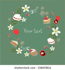 Greeting card with flowers, cherries and cakes
