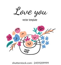 Greeting card with flowers composition, square template with copy space, vector arrangement with flower basket, roses, tulips, dried floral bouquet, good for greeting card, gift for womens day, mother