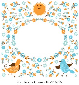 Greeting card with flowers and cute birds.Place for your text 