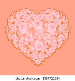 Greeting card with flowers daffodils in form of heard on coral backgrod. Symbols of love in shape of heart for Happy Womens, Mothers, Valentines Day, greeting card design, wedding invitation.