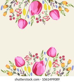 Greeting card flowers. Floral illustration with field flowers in vintage style. Spring, summer