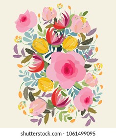Greeting card flowers. Floral illustration with field flowers in vintage style. Spring, summer