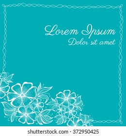 greeting card with flowers and frame on a blue background