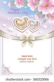 Greeting card with flowers in a frame with an ornament and heart on Valentine's Day