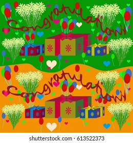 greeting card with flowers, gifts, balloons and hearts