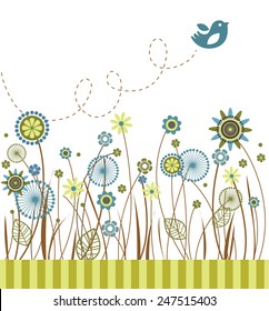 Greeting card with flowers and green grass on white background