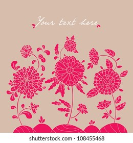 Greeting card with flowers growing on the hills.