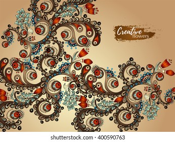Greeting card with flowers. Hand painting artwork with watercolor splash. Background for web, printed media design. Banner, business card, flyer, invitation, postcard.