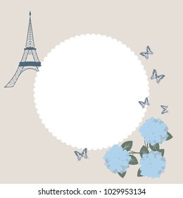 Greeting card with flowers of hydrangea, butterflies and Eiffel tower, and with space for your text. Vector illustration.