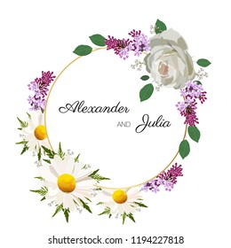 Greeting card with flowers isolated on white background. Vector illustration