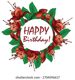 Greeting card with flowers and leaves. Round frame. Template for your design, festive greeting cards, announcements, posters