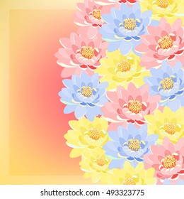 greeting card with flowers lotus pink, blue, yellow vector illustration