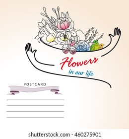 Greeting card with flowers on a beige background armful .