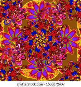 Greeting card with flowers. On orange, red and brown colors. Birthday card or wedding invitation. Watercolor floral bouquet. Vector illustration. Floral background.