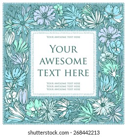 Greeting card with flowers painted by hand. Nice cold colors. Square shape, the text in the center.
