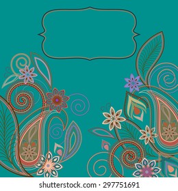 The greeting card with flowers and paisley. Vector background.