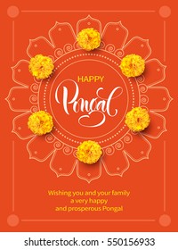 Greeting card with flowers and rangoli for traditional Indian festival Pongal. Makar Sankranti background. Vector illustration.