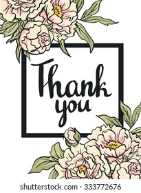 Greeting card flowers - Thank you. Vector hand painting illustration with peonies.