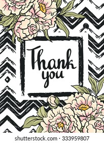 Greeting card flowers - Thank you.Vector hand painting illustration with peonies.