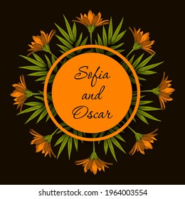 Greeting card with flowers and tropical leaves, congratulation, wedding invitation, festive illustration. Wreath, circle, inscription. Design, decoration, print, pattern. Stock vector illustration