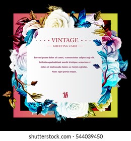 Greeting card with flowers. Vintage style. Rose, peony. Hand drawn, vector - stock.