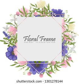 Greeting card with flowers, watercolor. Banner template. Vector frame