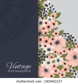 Greeting card with flowers, watercolor. Banner template. Vector frame