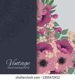Greeting card with flowers, watercolor. Banner template. Vector frame
