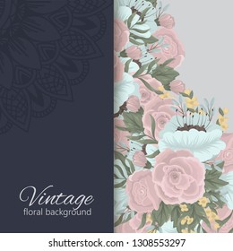 Greeting card with flowers, watercolor. Banner template. Vector frame