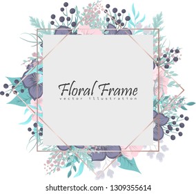 Greeting card with flowers, watercolor. Banner template. Vector frame