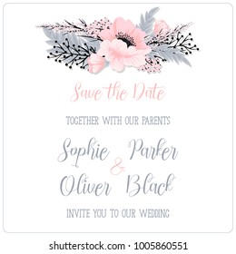 Greeting card with flowers, watercolor, can be used as invitation card for wedding, birthday and other holiday and summer background. Vector illustration. 