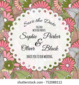 Greeting card with flowers, watercolor, can be used as invitation card for wedding, birthday and other holiday and summer background. Vector illustration. 