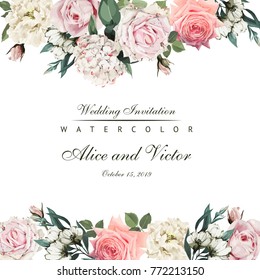 Greeting card with flowers, watercolor, can be used as invitation card for wedding, birthday and other holiday and  summer background. Vector