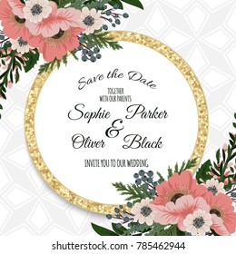 Greeting card with flowers, watercolor, can be used as invitation card for wedding, birthday and other holiday and summer background. Vector illustration. 
