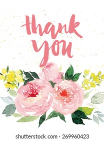 Greeting card flowers. Watercolor.
Hand painting. Inscription. Roses.